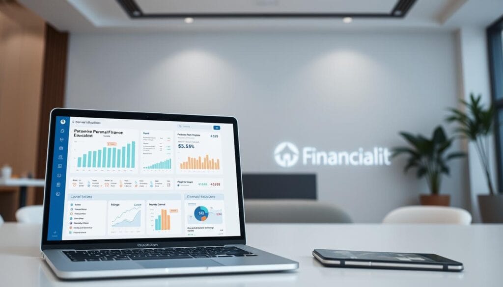 A sleek and modern financial education platform, with a clean and intuitive user interface. The foreground features a laptop screen displaying interactive graphs, charts, and educational content related to personal finance, investments, and budgeting. The middle ground showcases a stylized icon or logo that conveys the platform's brand identity. The background is a minimalist, well-lit office setting with neutral tones and subtle geometric patterns, creating a professional and trustworthy atmosphere. The lighting is soft and diffused, creating a warm and inviting ambiance. The overall composition suggests a comprehensive, user-friendly, and visually appealing financial education experience.