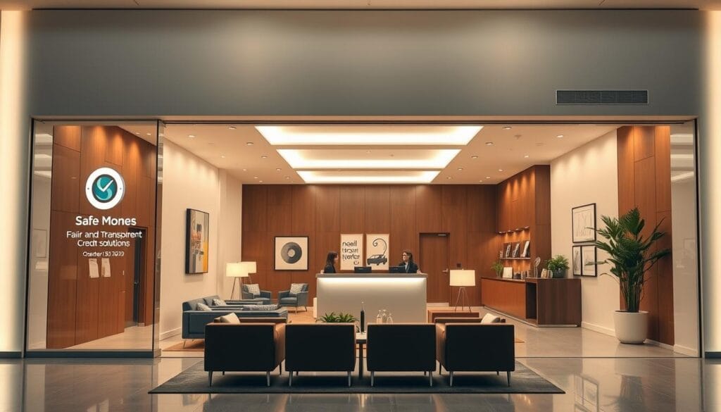 A sleek and modern financial institution with a warm, inviting atmosphere. The exterior features a clean, minimalist facade with large glass windows allowing natural light to filter in. The logo and signage reflect the company's commitment to fair and transparent credit solutions. Inside, the lobby is spacious and well-appointed, with comfortable seating areas and a service desk manned by attentive staff. The lighting is soft and indirect, creating a calming ambiance. In the background, subtle artwork and greenery add a touch of sophistication. The overall impression is one of professionalism, trustworthiness, and a customer-centric approach to financial services. A sleek and modern financial institution with a warm, inviting atmosphere. The exterior features a clean, minimalist facade with large glass windows allowing natural light to filter in. The logo and signage reflect the company's commitment to fair and transparent credit solutions. Inside, the lobby is spacious and well-appointed, with comfortable seating areas and a service desk manned by attentive staff. The lighting is soft and indirect, creating a calming ambiance. In the background, subtle artwork and greenery add a touch of sophistication. The overall impression is one of professionalism, trustworthiness, and a customer-centric approach to financial services.