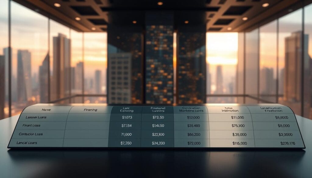 A sleek and modern financial table set against a backdrop of a futuristic cityscape, illuminated by warm, directional lighting and a soft depth of field. The table features various financing options for construction loans in 2025, displayed with clean typography and minimalist icons. The cityscape in the background is a panoramic view of towering skyscrapers, their glass facades reflecting the evening sky. The overall atmosphere conveys a sense of progress, innovation, and the promising future of the construction industry. A sleek and modern financial table set against a backdrop of a futuristic cityscape, illuminated by warm, directional lighting and a soft depth of field. The table features various financing options for construction loans in 2025, displayed with clean typography and minimalist icons. The cityscape in the background is a panoramic view of towering skyscrapers, their glass facades reflecting the evening sky. The overall atmosphere conveys a sense of progress, innovation, and the promising future of the construction industry.