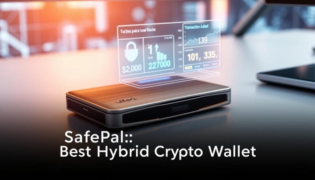 A sleek and modern hybrid crypto wallet resting on a minimalist desk. In the foreground, the wallet's brushed metal exterior gleams under warm, directional lighting, its subtle curves and clean lines conveying a sense of security and sophistication. The wallet's display screen is visible, showcasing an intuitive user interface. In the middle ground, a transparent holographic projection emanates from the wallet, displaying real-time transaction data and asset balances. The background features a blurred, high-tech environment, hinting at the wallet's seamless integration with the digital finance ecosystem. The overall scene exudes a sense of confidence, trust, and technological advancement, perfectly aligning with the "SafePal: Best Hybrid Crypto Wallet" section title. A sleek and modern hybrid crypto wallet resting on a minimalist desk. In the foreground, the wallet's brushed metal exterior gleams under warm, directional lighting, its subtle curves and clean lines conveying a sense of security and sophistication. The wallet's display screen is visible, showcasing an intuitive user interface. In the middle ground, a transparent holographic projection emanates from the wallet, displaying real-time transaction data and asset balances. The background features a blurred, high-tech environment, hinting at the wallet's seamless integration with the digital finance ecosystem. The overall scene exudes a sense of confidence, trust, and technological advancement, perfectly aligning with the "SafePal: Best Hybrid Crypto Wallet" section title.