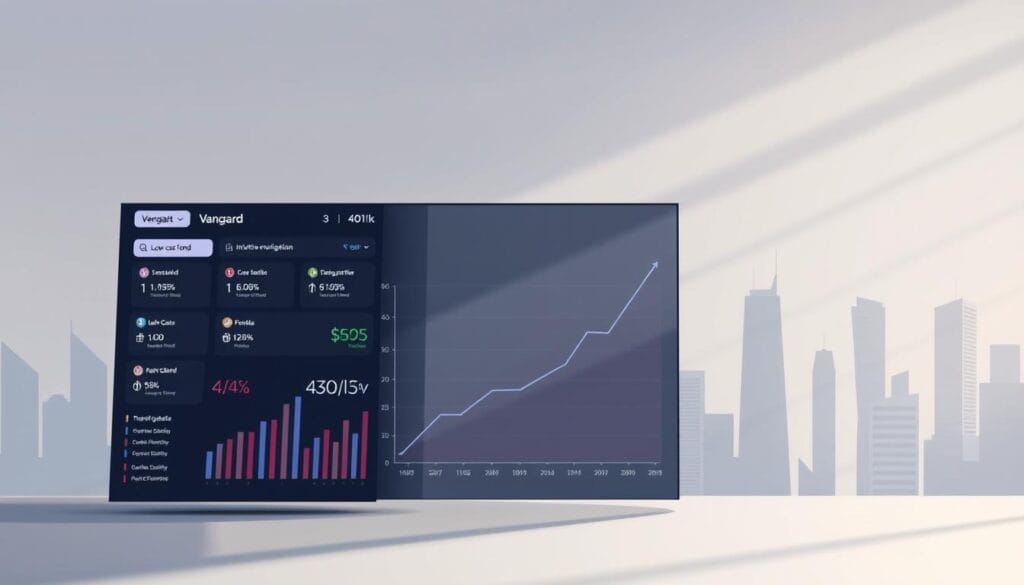A sleek and modern illustration of Vanguard's 401(k) investment platform. In the foreground, a well-designed dashboard showcases low-cost fund options, intuitive navigation, and personalized retirement planning tools. The middle ground features a stylized graph charting steady long-term growth, symbolizing Vanguard's renowned index fund performance. In the background, a minimalist financial skyline evokes a sense of stability and institutional trust. Soft, directional lighting casts an aura of professionalism and reliability, reflecting Vanguard's reputation as a leader in low-cost, passive investing for retirement. The overall composition conveys a visually appealing and informative representation of Vanguard's 401(k) offerings.