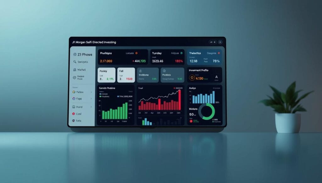 A sleek and modern investment platform interface, showcasing the J.P. Morgan Self-Directed Investing dashboard. The foreground features a clean, minimalist design with intuitive navigation icons and a central display showcasing market data and investment portfolio. The middle ground includes informative charts, graphs, and analytical tools, providing a comprehensive view of the user's financial standing. The background depicts a subtle, gradient-based color scheme, reflecting the professionalism and trustworthiness of the J.P. Morgan brand. The overall scene conveys a sense of control, confidence, and accessible wealth management for the discerning individual investor.