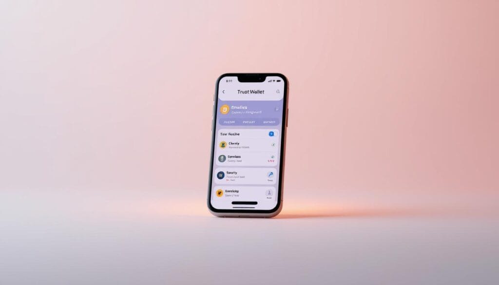 A sleek and modern mobile device displaying the Trust Wallet interface, set against a clean, minimalist background. The screen showcases the wallet's intuitive navigation and seamless cryptocurrency management features, with a focus on security and user-friendliness. The device is illuminated by soft, warm lighting, creating a sense of trust and reliability. The overall composition conveys the wallet's suitability for secure, on-the-go digital asset management in the decentralized finance landscape of 2025. A sleek and modern mobile device displaying the Trust Wallet interface, set against a clean, minimalist background. The screen showcases the wallet's intuitive navigation and seamless cryptocurrency management features, with a focus on security and user-friendliness. The device is illuminated by soft, warm lighting, creating a sense of trust and reliability. The overall composition conveys the wallet's suitability for secure, on-the-go digital asset management in the decentralized finance landscape of 2025.