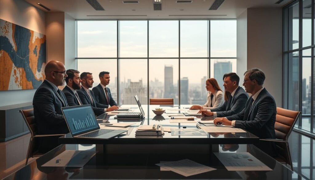 A sleek and modern office interior, dominated by a large table with various financial documents and a laptop displaying compliance-related software. In the foreground, a team of professionals in suits are engaged in a discussion, their expressions focused and thoughtful. The room is filled with warm, soft lighting, and the walls are adorned with abstract artwork that echoes the theme of technology and finance. Through the large windows, a cityscape is visible, hinting at the broader context of the financial industry. The overall atmosphere conveys a sense of efficiency, professionalism, and the seamless integration of regulatory technology into the daily operations of a financial institution.