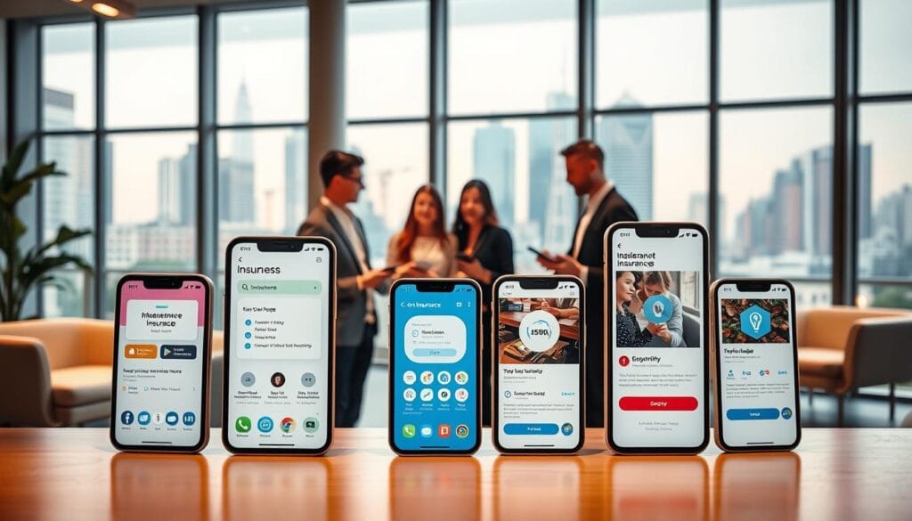 A sleek and modern office interior with large windows and minimalist furniture. In the foreground, several smartphone screens display various insurance app interfaces, showcasing their intuitive designs and user-friendly features. The middle ground features a group of young professionals, casually discussing and interacting with the apps on their devices. The background depicts a bustling cityscape, hinting at the on-demand, always-available nature of these insurance services. The lighting is warm and inviting, creating a sense of professionalism and accessibility. The overall scene conveys the seamless integration of cutting-edge insurance technology into the daily lives of urban consumers.
