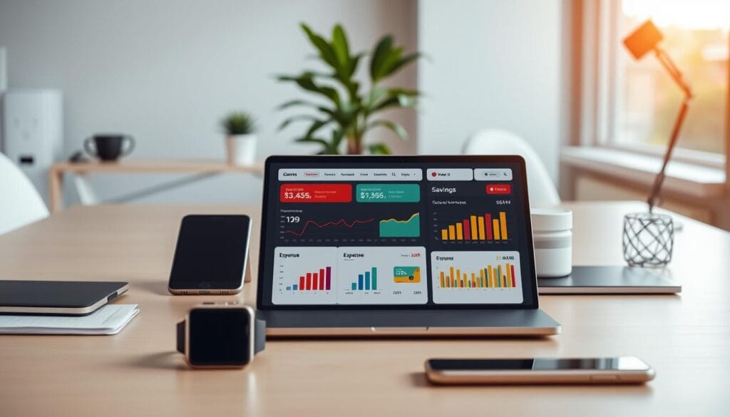 A sleek and modern office scene with a minimalist desk showcasing an array of digital devices - from a laptop and tablet to a smartwatch and smartphone. In the foreground, the main focus is a user-friendly budgeting app displayed on the laptop screen, its intuitive interface presenting colorful charts and graphs to track income, expenses, and savings. The middle ground features a clean, clutter-free workspace with a potted plant and a stylized desk organizer. The background is filled with warm, natural lighting, creating a serene and productive atmosphere. The overall composition conveys the efficiency and convenience of using AI-powered budgeting tools to manage personal finances. A sleek and modern office scene with a minimalist desk showcasing an array of digital devices - from a laptop and tablet to a smartwatch and smartphone. In the foreground, the main focus is a user-friendly budgeting app displayed on the laptop screen, its intuitive interface presenting colorful charts and graphs to track income, expenses, and savings. The middle ground features a clean, clutter-free workspace with a potted plant and a stylized desk organizer. The background is filled with warm, natural lighting, creating a serene and productive atmosphere. The overall composition conveys the efficiency and convenience of using AI-powered budgeting tools to manage personal finances.