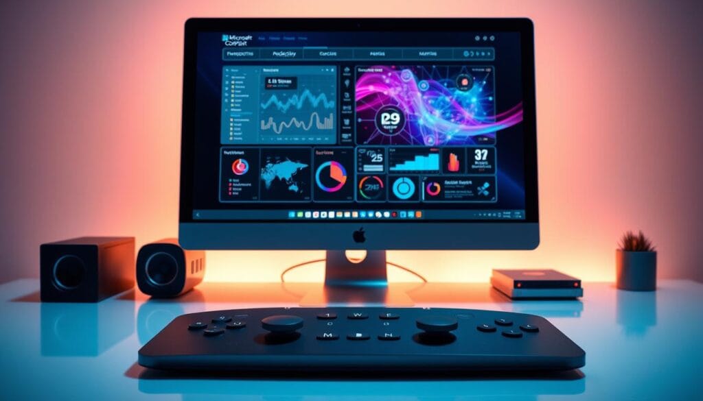 A sleek and modern workstation, its sleek silver frame reflecting the soft ambient lighting. On the screen, a vibrant visualization of Microsoft Copilot's AI-powered capabilities, with dynamic graphs and charts showcasing its impressive productivity features. In the foreground, a set of responsive virtual controls, allowing intuitive interaction with the tool. The overall scene conveys a sense of cutting-edge technology and seamless integration, perfectly capturing the essence of "Microsoft Copilot: A Productivity Powerhouse". A sleek and modern workstation, its sleek silver frame reflecting the soft ambient lighting. On the screen, a vibrant visualization of Microsoft Copilot's AI-powered capabilities, with dynamic graphs and charts showcasing its impressive productivity features. In the foreground, a set of responsive virtual controls, allowing intuitive interaction with the tool. The overall scene conveys a sense of cutting-edge technology and seamless integration, perfectly capturing the essence of "Microsoft Copilot: A Productivity Powerhouse".