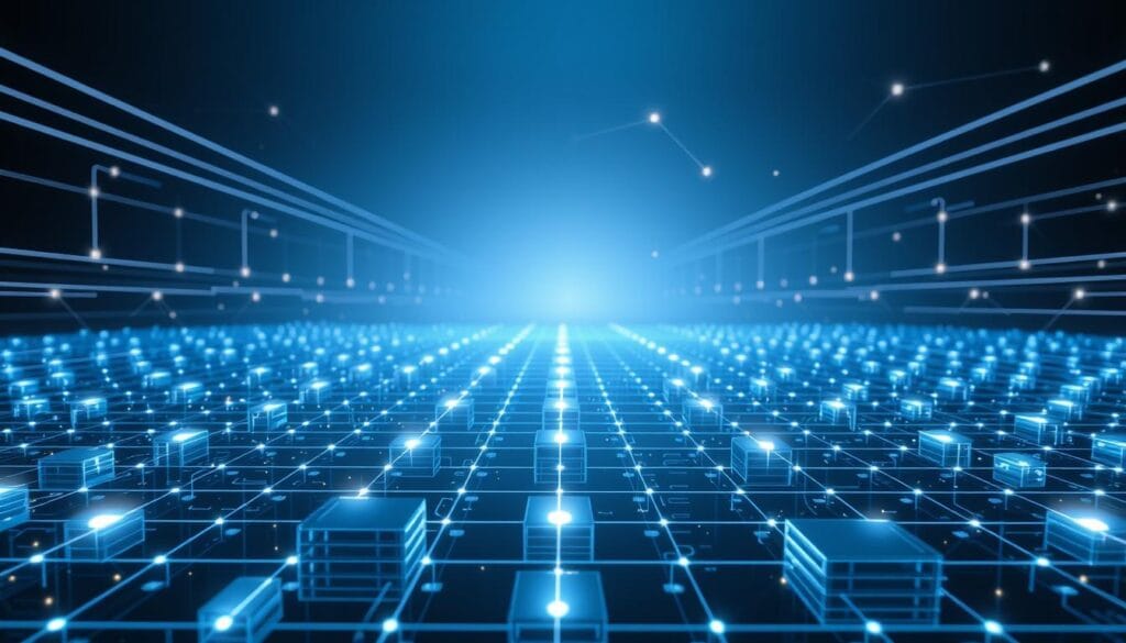 A sleek and secure blockchain network, visualized with a minimalist and modern aesthetic. The foreground depicts a grid of interconnected blocks, each representing a transparent and tamper-proof transaction. Glowing lines and shapes suggest the flow of data, highlighting the system's decentralized and distributed nature. The middle ground features a minimalist, high-tech interface, showcasing the accessibility and user-friendliness of the blockchain technology. In the background, a soft, ethereal glow emanates, conveying a sense of trust, reliability, and the cutting-edge nature of this revolutionary innovation. The overall mood is one of technological sophistication, transparency, and the power of decentralized, secure data management.