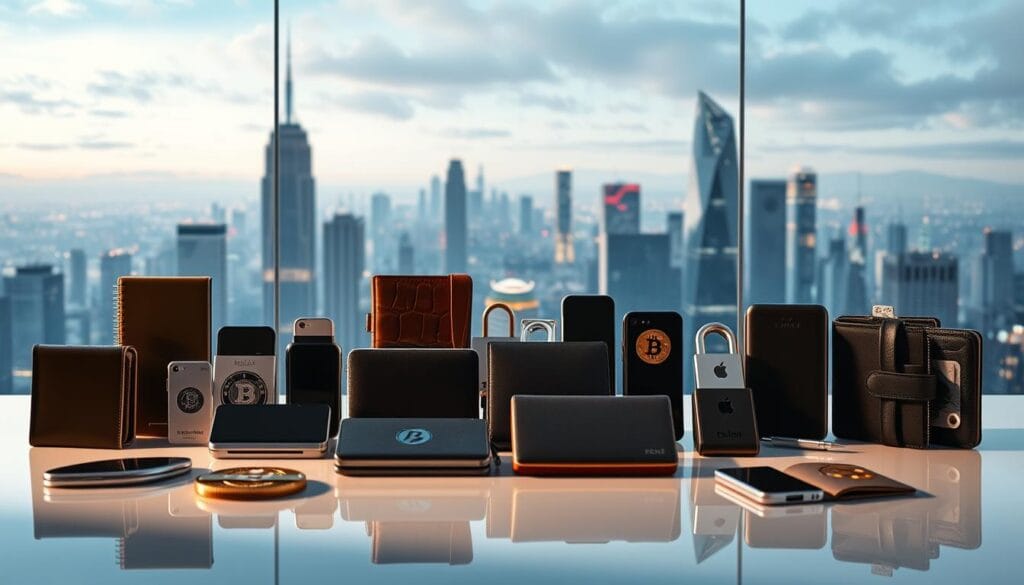 A sleek and secure crypto wallet display, showcasing a variety of digital wallets in a modern, minimalist setting. The foreground features an assortment of hardware and software wallets, each with a distinct design and functionality, arrayed on a clean, reflective surface. The middle ground depicts a serene, futuristic cityscape, with towering skyscrapers and glowing blockchain networks in the background, conveying a sense of technological sophistication and financial security. The lighting is soft and directional, casting subtle shadows and highlights on the wallets, creating a sense of depth and dimension. The overall atmosphere is one of confidence, stability, and trust, reflecting the importance of secure DeFi wallet solutions in the rapidly evolving cryptocurrency landscape. A sleek and secure crypto wallet display, showcasing a variety of digital wallets in a modern, minimalist setting. The foreground features an assortment of hardware and software wallets, each with a distinct design and functionality, arrayed on a clean, reflective surface. The middle ground depicts a serene, futuristic cityscape, with towering skyscrapers and glowing blockchain networks in the background, conveying a sense of technological sophistication and financial security. The lighting is soft and directional, casting subtle shadows and highlights on the wallets, creating a sense of depth and dimension. The overall atmosphere is one of confidence, stability, and trust, reflecting the importance of secure DeFi wallet solutions in the rapidly evolving cryptocurrency landscape.