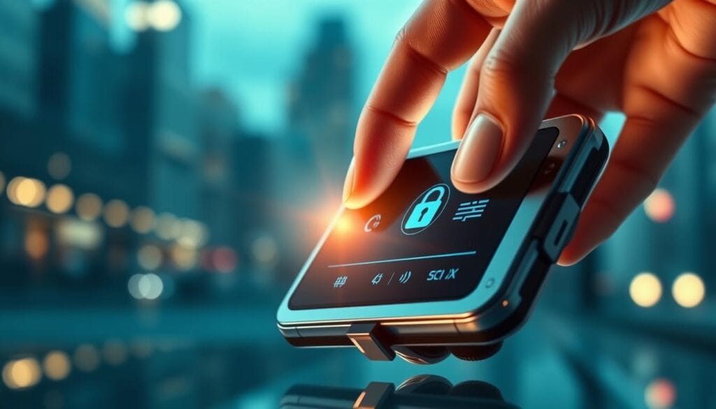 A sleek digital wallet featuring a gleaming metallic casing, holographic security symbols, and a touchscreen display. In the foreground, a hand gently taps the wallet, illuminating a secure transaction interface with biometric authentication options. The background depicts a stylized cityscape, hinting at the convenience of cashless, on-the-go payments. Soft, diffused lighting creates a futuristic, high-tech ambiance, while subtle lens flares and depth of field blur emphasize the wallet's advanced technological capabilities. The overall composition conveys a sense of trust, efficiency, and the seamless integration of digital finance into modern life. A sleek digital wallet featuring a gleaming metallic casing, holographic security symbols, and a touchscreen display. In the foreground, a hand gently taps the wallet, illuminating a secure transaction interface with biometric authentication options. The background depicts a stylized cityscape, hinting at the convenience of cashless, on-the-go payments. Soft, diffused lighting creates a futuristic, high-tech ambiance, while subtle lens flares and depth of field blur emphasize the wallet's advanced technological capabilities. The overall composition conveys a sense of trust, efficiency, and the seamless integration of digital finance into modern life.