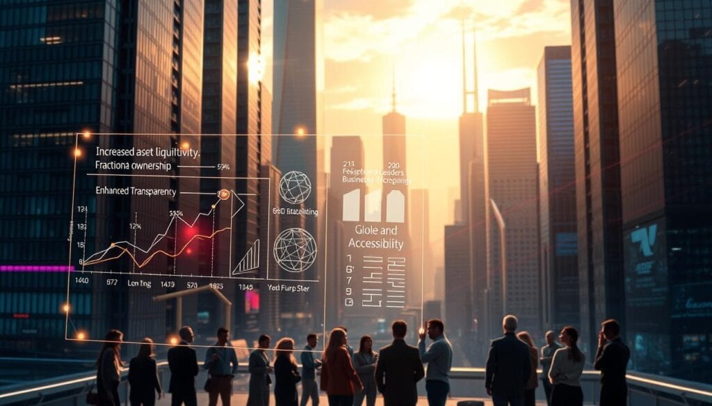 A sleek, futuristic cityscape with towering skyscrapers and a vibrant, neon-lit skyline. In the foreground, a series of shimmering, holographic graphs and charts float, illustrating the key benefits of asset tokenization - increased liquidity, fractional ownership, enhanced transparency, and global accessibility. The middle ground features a diverse group of investors, business leaders, and financial professionals, engaged in animated discussions, symbol izing the transformative impact of tokenized assets. The background is bathed in a warm, golden light, conveying a sense of innovation, progress, and the promise of a new era in investment and ownership.