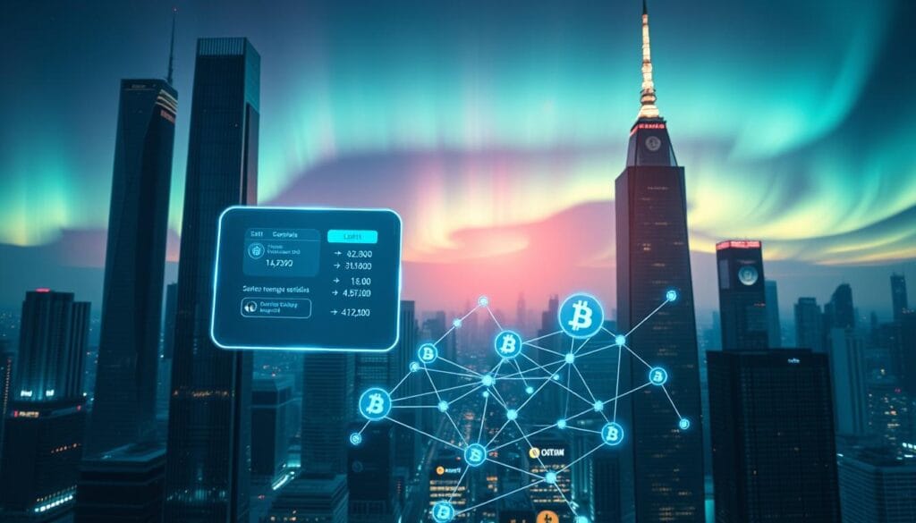 A sleek, futuristic cityscape with towering skyscrapers and glowing holographic displays showcasing secure blockchain-based payment solutions. In the foreground, a digital wallet interface hovers, featuring seamless transactions and real-time currency exchange rates. The middle ground depicts stylized cryptocurrency symbols floating amidst a web of interconnected nodes, representing the decentralized network. In the background, a vibrant aurora borealis paints the sky, creating an ethereal, technologically advanced atmosphere. Soft, directional lighting illuminates the scene, casting dynamic shadows and highlighting the cutting-edge, innovative nature of blockchain payment technologies.