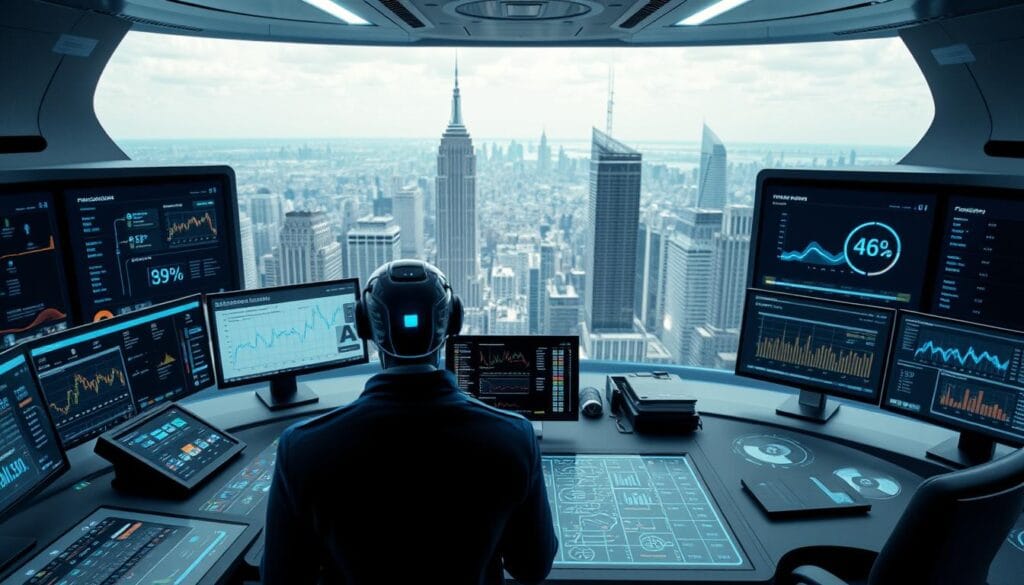 A sleek, futuristic financial command center with holographic displays and interactive dashboards. In the foreground, an AI-powered virtual assistant guides a user through portfolio management, offering personalized investment recommendations. The middle ground features robust analytical tools and real-time market data visualizations. The background showcases a panoramic view of a bustling city skyline, reflecting the global reach and influence of this advanced robo-advisory system. The lighting is cool and crisp, with subtle shadows highlighting the sophisticated technology. The overall mood conveys a sense of power, precision, and seamless integration of human and artificial intelligence for superior financial management.