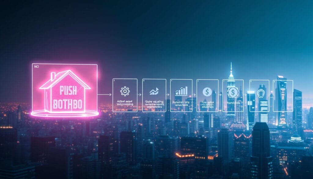 A sleek, futuristic illustration of the digital asset tokenization process. In the foreground, a shimmering holographic representation of a physical asset, such as a piece of real estate or a work of art, gradually transforming into a blockchain-based token. In the middle ground, a series of transparent, interconnected blocks representing the various stages of the tokenization workflow - from asset valuation and legal compliance to token issuance and trading. The background features a cityscape of gleaming skyscrapers and a vibrant, neon-lit skyline, symbolizing the integration of traditional finance and the digital economy. Diffuse lighting and a cool color palette evoke a sense of innovation, efficiency, and technological sophistication.