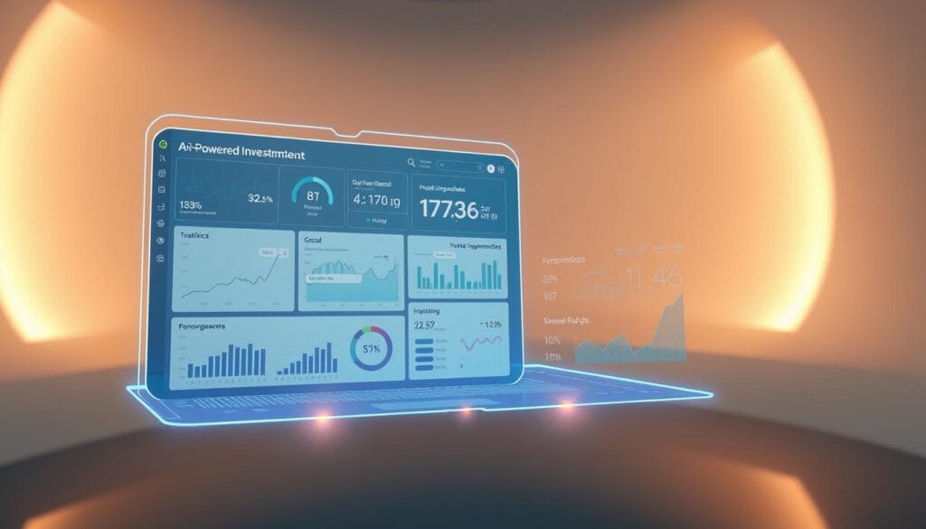 A sleek, futuristic investment interface floating in a holographic display, bathed in a warm, ambient glow. In the foreground, a dynamic dashboard showcases AI-powered analytics, visualizing complex financial data with elegant infographics. The middle ground features personalized investment recommendations, tailored to the user's risk profile and goals. In the background, a serene, minimalist environment evokes a sense of control and confidence, as the user navigates their financial future with the aid of advanced artificial intelligence.