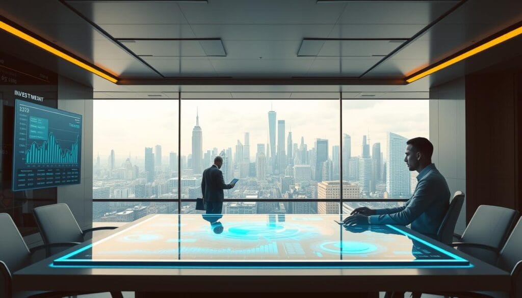 A sleek, futuristic investment office overlooking a vibrant city skyline in 2025. In the foreground, a holographic display showcases trending financial data and algorithmic trading strategies. The middle ground features a team of analysts meticulously studying market trends and crafting innovative portfolio management solutions. In the background, the city bustles with autonomous vehicles and gleaming skyscrapers, reflecting the dynamic, technologically-driven landscape of the financial world. Warm, directional lighting casts a sense of optimism and progress, while a muted color palette of grays, blues, and metallics conveys a sophisticated, forward-thinking atmosphere. A sleek, futuristic investment office overlooking a vibrant city skyline in 2025. In the foreground, a holographic display showcases trending financial data and algorithmic trading strategies. The middle ground features a team of analysts meticulously studying market trends and crafting innovative portfolio management solutions. In the background, the city bustles with autonomous vehicles and gleaming skyscrapers, reflecting the dynamic, technologically-driven landscape of the financial world. Warm, directional lighting casts a sense of optimism and progress, while a muted color palette of grays, blues, and metallics conveys a sophisticated, forward-thinking atmosphere.