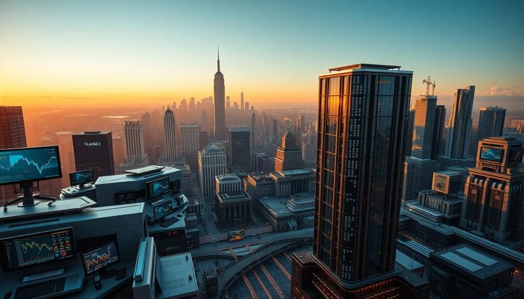 A sleek, futuristic landscape of automated trading platforms, each a gleaming tower of steel and glass. The foreground features a cluster of high-tech terminals, their screens flickering with live market data and financial analytics. In the middle ground, autonomous portfolio management systems operate seamlessly, processing complex algorithms to optimize investment strategies. The background boasts a panoramic view of a bustling financial district, with towering skyscrapers and a skyline pierced by the latest advancements in robo-advisory technology. Warm lighting casts a soft glow, evoking a sense of efficiency, innovation, and the boundless potential of wealth-building in the digital age. A sleek, futuristic landscape of automated trading platforms, each a gleaming tower of steel and glass. The foreground features a cluster of high-tech terminals, their screens flickering with live market data and financial analytics. In the middle ground, autonomous portfolio management systems operate seamlessly, processing complex algorithms to optimize investment strategies. The background boasts a panoramic view of a bustling financial district, with towering skyscrapers and a skyline pierced by the latest advancements in robo-advisory technology. Warm lighting casts a soft glow, evoking a sense of efficiency, innovation, and the boundless potential of wealth-building in the digital age.