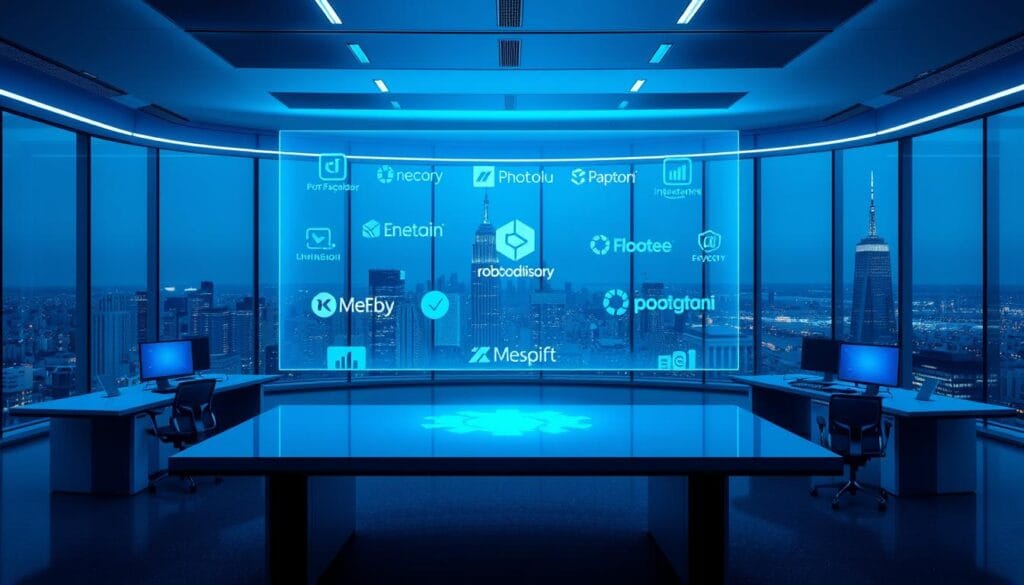 A sleek, futuristic office setting with a large holographic display showcasing the logos and interfaces of leading robo-advisory platforms. The scene is bathed in a cool, blue-tinted lighting, creating a high-tech ambiance. Minimalist desks and chairs surround the central display, hinting at a workspace dedicated to financial technology and investment management. The background features a panoramic cityscape seen through floor-to-ceiling windows, further emphasizing the cutting-edge, urban setting. The overall composition conveys the sophistication and innovation of the top robo-advisory services in the market.