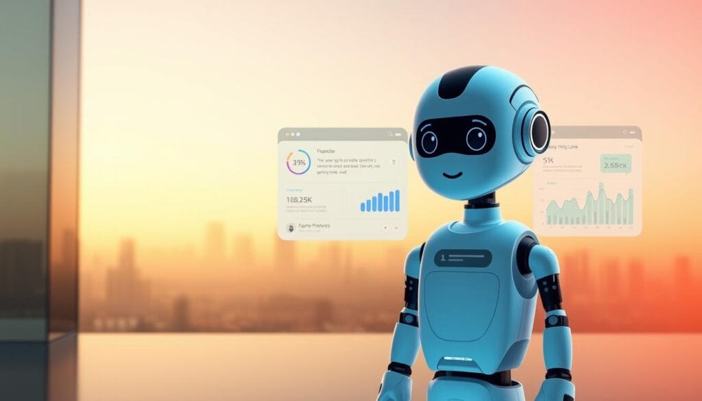 A sleek, high-tech chatbot interface floats against a minimalist backdrop, bathed in soft, warm lighting. In the foreground, a stylized avatar interacts with the user, its expressive digital face exuding a sense of empathy and intelligence. The middle ground reveals streamlined financial data visualizations, charts, and graphs that provide a clear, intuitive overview of the user's financial status. The background showcases a serene, abstract cityscape, hinting at the chatbot's ability to seamlessly integrate with the user's daily life and surroundings. The overall scene conveys a sense of ease, efficiency, and a personalized, AI-driven approach to managing one's financial well-being. A sleek, high-tech chatbot interface floats against a minimalist backdrop, bathed in soft, warm lighting. In the foreground, a stylized avatar interacts with the user, its expressive digital face exuding a sense of empathy and intelligence. The middle ground reveals streamlined financial data visualizations, charts, and graphs that provide a clear, intuitive overview of the user's financial status. The background showcases a serene, abstract cityscape, hinting at the chatbot's ability to seamlessly integrate with the user's daily life and surroundings. The overall scene conveys a sense of ease, efficiency, and a personalized, AI-driven approach to managing one's financial well-being.