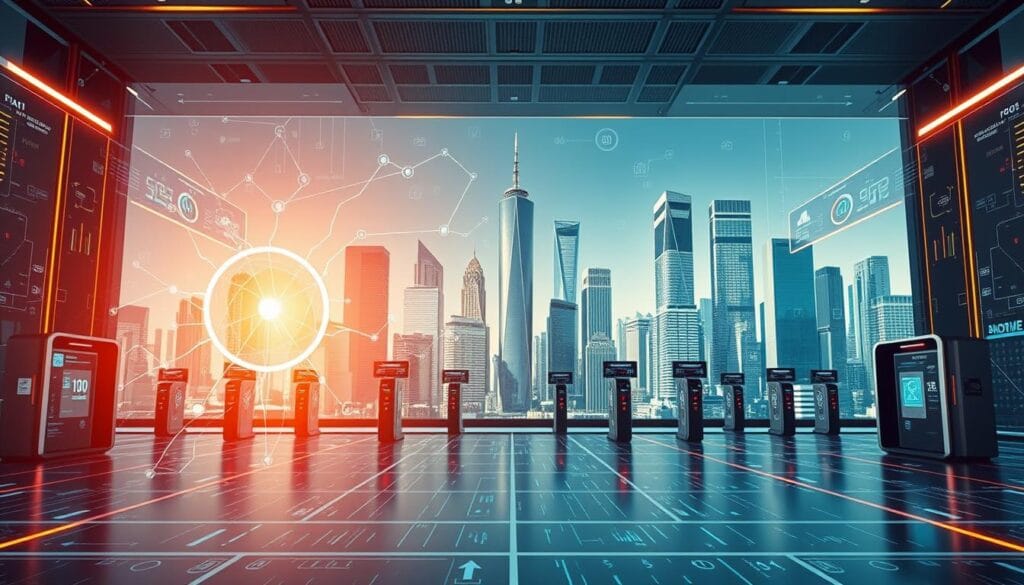 A sleek, high-tech financial security system, with a cutting-edge AI algorithm at its core. In the foreground, a stylized neural network diagram pulsates with energy, surrounded by a dynamic display of fraud detection metrics and data visualizations. In the middle ground, a series of security checkpoints and biometric scanners stand ready to authenticate users. The background features a cityscape of gleaming skyscrapers, underscoring the scale and importance of the fraud prevention technology. Warm lighting casts a gentle glow, creating a sense of trust and reliability. The overall tone is one of advanced technological sophistication, delivering a robust and trustworthy fraud prevention solution. A sleek, high-tech financial security system, with a cutting-edge AI algorithm at its core. In the foreground, a stylized neural network diagram pulsates with energy, surrounded by a dynamic display of fraud detection metrics and data visualizations. In the middle ground, a series of security checkpoints and biometric scanners stand ready to authenticate users. The background features a cityscape of gleaming skyscrapers, underscoring the scale and importance of the fraud prevention technology. Warm lighting casts a gentle glow, creating a sense of trust and reliability. The overall tone is one of advanced technological sophistication, delivering a robust and trustworthy fraud prevention solution.