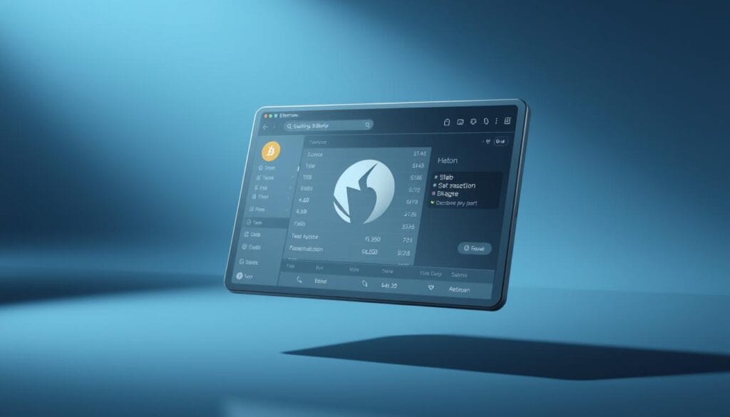 A sleek, metallic Electrum desktop Bitcoin wallet interface hovers against a minimalist backdrop. Soft, directional lighting casts subtle shadows, highlighting the clean lines and intuitive UI elements. The wallet's main screen dominates the foreground, showcasing its secure transaction history and balance details. In the middle ground, strategic icons and controls invite user interaction, reflecting Electrum's reputation for user-friendly functionality. The background blends cool tones, conveying a sense of digital reliability and trustworthiness befitting a leading Bitcoin desktop wallet. A sleek, metallic Electrum desktop Bitcoin wallet interface hovers against a minimalist backdrop. Soft, directional lighting casts subtle shadows, highlighting the clean lines and intuitive UI elements. The wallet's main screen dominates the foreground, showcasing its secure transaction history and balance details. In the middle ground, strategic icons and controls invite user interaction, reflecting Electrum's reputation for user-friendly functionality. The background blends cool tones, conveying a sense of digital reliability and trustworthiness befitting a leading Bitcoin desktop wallet.