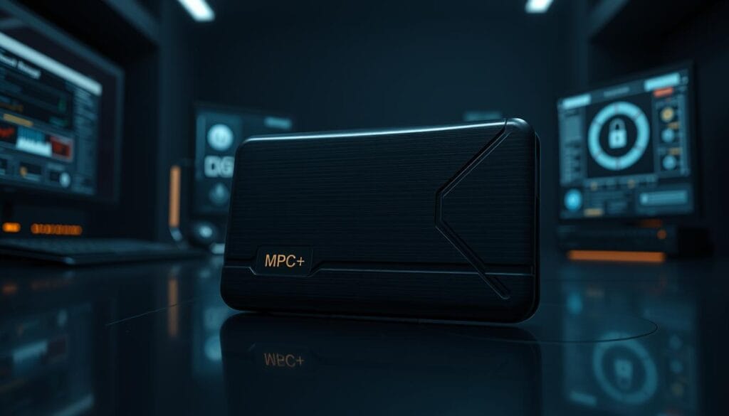 A sleek, metallic MPC (multi-party computation) wallet with a clean, minimalist design. The device has a matte black finish, with subtle ridges and a holographic display that shows the wallet's security status. The wallet is set against a backdrop of a dimly lit, futuristic workspace, with holographic interfaces and subtle lighting elements. The overall atmosphere conveys a sense of advanced technology, robust security, and a professional, high-end aesthetic. A sleek, metallic MPC (multi-party computation) wallet with a clean, minimalist design. The device has a matte black finish, with subtle ridges and a holographic display that shows the wallet's security status. The wallet is set against a backdrop of a dimly lit, futuristic workspace, with holographic interfaces and subtle lighting elements. The overall atmosphere conveys a sense of advanced technology, robust security, and a professional, high-end aesthetic.