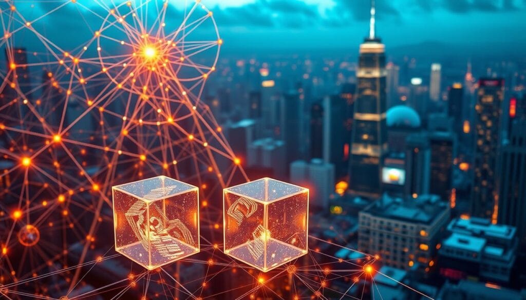 A sleek, metallic blockchain network forms the central focus, its intricate nodes and pathways intricate and futuristic. In the foreground, a trio of translucent, glowing cubes represent tokenized digital assets, their surfaces shimmering with holographic displays. The middle ground features a complex data visualization, lines and charts tracing the flow of these tokenized assets. In the background, a cityscape of gleaming high-rises and skyscrapers, hinting at the urban landscape where this tokenization technology is being adopted. The overall scene is bathed in a warm, golden light, conveying a sense of progress, sophistication, and the transformative potential of blockchain-powered asset tokenization.