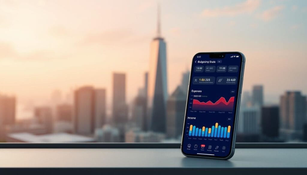 A sleek, minimal mobile app interface showcasing a budgeting dashboard. In the foreground, vibrant financial charts and graphs display savings, expenses, and income data. The middle ground features an intuitive navigation menu and customizable goal-tracking tools. In the background, a serene blurred cityscape with skyscrapers and a soft, warm lighting create a calming, professional atmosphere. The overall design is clean, modern, and responsive, reflecting the app's ability to simplify personal finance management.