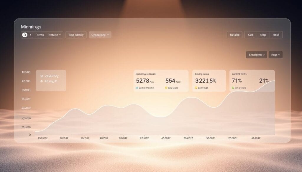 A sleek, minimalist dashboard showcasing the ebb and flow of mining income and cost basis. In the foreground, a clean line graph tracks the fluctuating profitability, with crisp data visualizations and concise labels. The middle ground features a breakdown of operating expenses - electricity, hardware maintenance, and cooling costs - represented by intuitive icons and percentages. In the background, a soft, gradient-infused landscape suggests the invisible computational power driving the mining operation, bathed in a subtle, warm lighting that evokes a sense of technological elegance. The overall composition conveys a refined, analytical aesthetic, designed to inform and enlighten the viewer on the nuances of cryptocurrency mining finances.