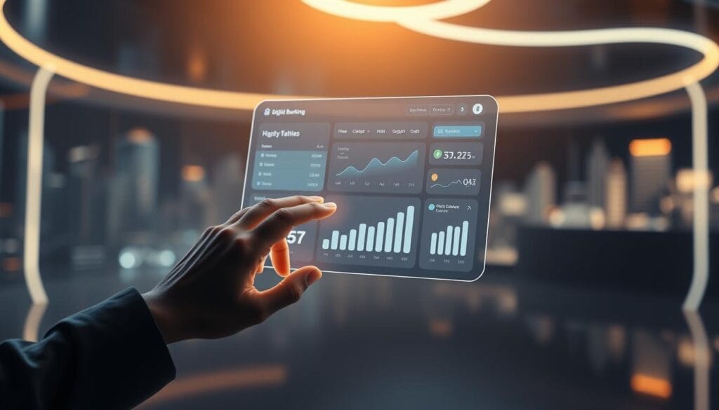A sleek, minimalist digital banking interface floats ethereally in a dimly lit, futuristic environment. The user's hands intuitively navigate the clean, intuitive dashboard, with icons and data visualizations appearing to respond to their touch. Soft, ambient lighting casts a warm glow, while a neutral color palette and smooth, rounded shapes convey a sense of simplicity and effortlessness. In the background, a translucent cityscape hints at the seamless integration of banking and technology. The scene exudes a calm, productive atmosphere, showcasing the benefits of a modern, hassle-free digital banking experience.