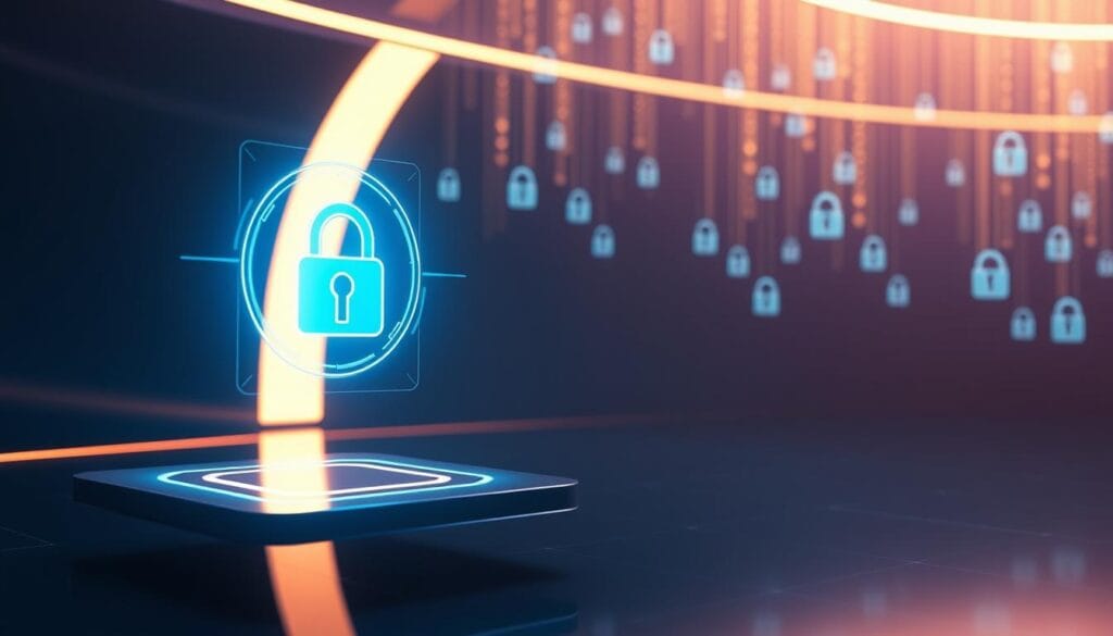 A sleek, minimalist digital banking interface floats in a serene, futuristic environment. A padlock icon glows with a reassuring blue light, symbolizing the robust security measures woven into the seamless user experience. In the background, ethereal data streams and lock symbols cascade, conveying the layer upon layer of encryption and authentication safeguarding sensitive transactions. The scene is bathed in a warm, ambient glow, creating a sense of trust and reliability. The overall impression is one of a secure, technologically advanced neobanking platform, designed to put the user's mind at ease.