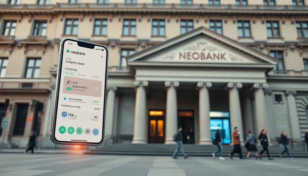 A sleek, minimalist neobank interface hovers in the foreground, its clean lines and vibrant colors contrasting with the staid facade of a traditional bank building in the background. The neobank's mobile app showcases innovative features like seamless digital onboarding, in-depth financial analytics, and intuitive money management tools. Meanwhile, the traditional bank appears dated, with its ornate architecture and long queues of customers waiting at teller windows. A subtle glow emanates from the neobank, symbolizing its cutting-edge technology and user-centric approach, while the traditional bank is cast in a more muted, institutional light. The scene is captured through a wide-angle lens, emphasizing the stark differences between these two banking models in a crisp, high-resolution image.