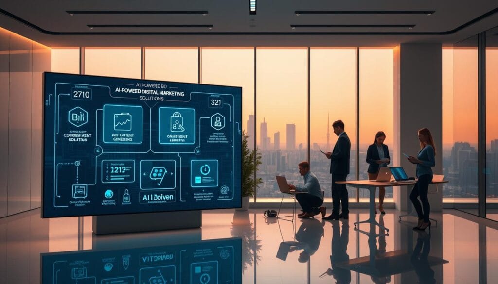 A sleek, minimalist office setting with a large, futuristic-looking digital display in the foreground. The display showcases various AI-powered digital marketing solutions, including data analytics, content generation, and targeted advertising. The middle ground features a team of professionals in business attire, collaborating on laptops and tablets, immersed in the AI-driven strategies. The background has a subtle cityscape visible through large windows, conveying a sense of a modern, tech-savvy environment. The lighting is warm and slightly directional, creating depth and highlighting the key elements. The overall atmosphere is one of innovation, efficiency, and the seamless integration of AI technology into digital marketing practices. A sleek, minimalist office setting with a large, futuristic-looking digital display in the foreground. The display showcases various AI-powered digital marketing solutions, including data analytics, content generation, and targeted advertising. The middle ground features a team of professionals in business attire, collaborating on laptops and tablets, immersed in the AI-driven strategies. The background has a subtle cityscape visible through large windows, conveying a sense of a modern, tech-savvy environment. The lighting is warm and slightly directional, creating depth and highlighting the key elements. The overall atmosphere is one of innovation, efficiency, and the seamless integration of AI technology into digital marketing practices.