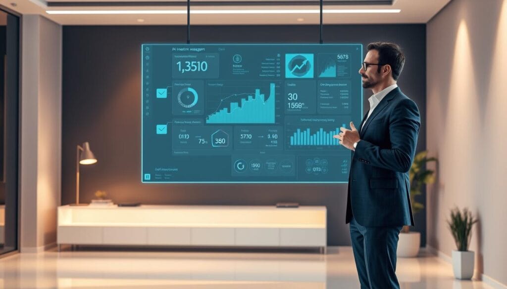 A sleek, minimalist office setting with a large holographic display suspended in the air, showcasing a dynamic AI-powered investment portfolio management dashboard. The display features real-time data visualizations, algorithms, and predictive analytics. In the foreground, a well-dressed financial advisor stands, gesturing towards the projection with a thoughtful expression, while behind them, the office is bathed in a warm, soft lighting, creating a sense of technological sophistication and financial security. The overall atmosphere conveys the seamless integration of human expertise and AI-driven investment strategies, transforming traditional robo-advisory services.