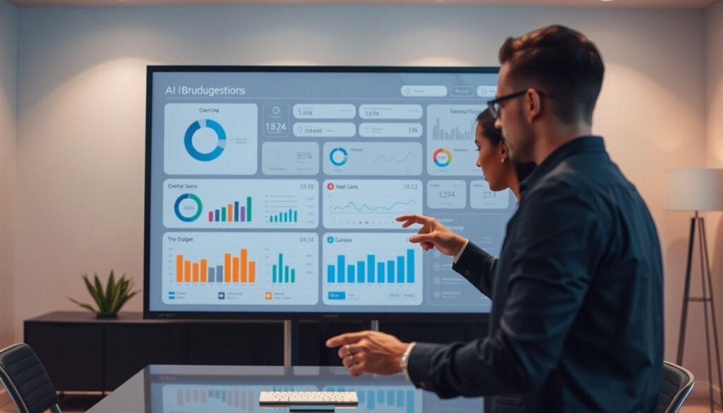 A sleek, minimalist office setting with a large monitor displaying an intuitive AI budgeting dashboard. The foreground showcases neatly organized financial graphs, pie charts, and spending breakdowns. In the middle ground, a user interacts with the interface using a touchscreen, their expressions focused and thoughtful. The background features clean, modern decor with subtle ambient lighting, creating a professional yet welcoming atmosphere conducive to effective financial planning and management.
