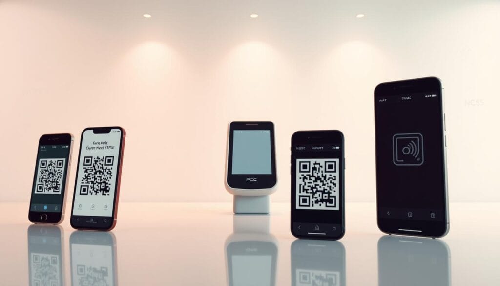 A sleek, minimalist scene depicting mobile wallets and QR codes as the centerpiece. The foreground showcases various smartphone models displaying digital wallet interfaces and QR code scanners. The middle ground features a seamless, near-field communication (NFC) payment terminal against a clean, white background. The background subtly incorporates holographic representations of transaction data and financial symbols, conveying a sense of futuristic, secure contactless technology. Warm, directional lighting highlights the clean lines and modern aesthetic, creating an atmosphere of efficiency and innovation. The overall composition emphasizes the convenience and ubiquity of mobile payment solutions, reflecting the future of contactless transactions.