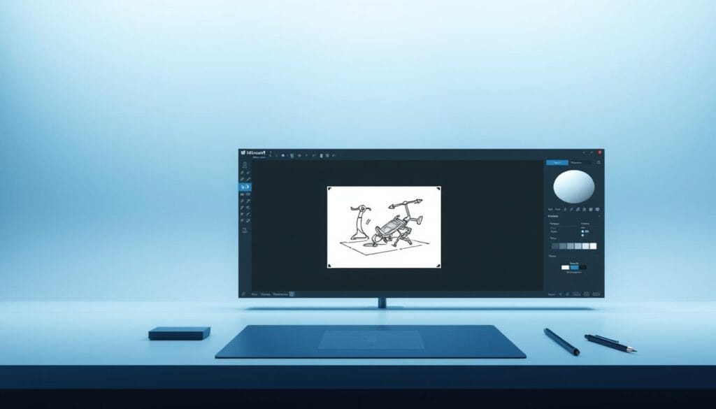 A sleek, minimalist user interface for the Microsoft Designer image creation tool. In the foreground, a modern, clean workspace with various drawing and editing tools neatly arranged. In the middle ground, a large canvas displaying a partially completed digital illustration. The background features a subtle gradient in shades of blue, evoking a sense of professionalism and technological sophistication. Soft, diffused lighting creates a gentle, focused atmosphere, enhancing the user's creative experience. The interface reflects a balance of functionality and aesthetic, seamlessly guiding the user through the image-making process.