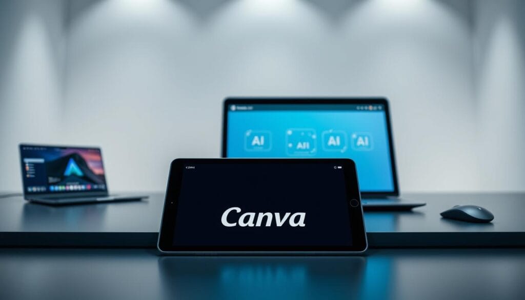 A sleek, minimalist workspace with various AI-powered image generation tools prominently displayed. In the foreground, a high-quality tablet showcases the Canva logo and user interface, subtly hinting at its AI capabilities. The middle ground features a laptop, mouse, and a stylized icon representing different AI image generation models. The background is a clean, modern environment with subtle lighting, creating a sense of professionalism and innovation. The overall scene conveys the power and potential of AI-driven image creation tools, aligning with the article's focus on Canva's AI capabilities.