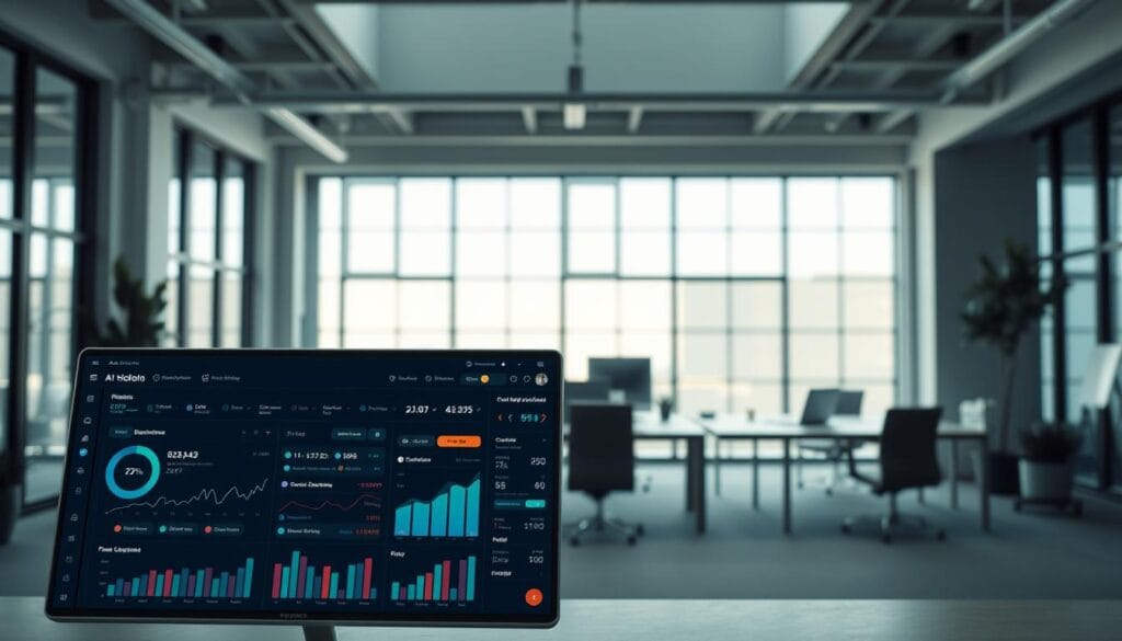 A sleek, modern AI-powered financial planning platform with a clean, intuitive user interface. In the foreground, a dashboard displays charts, graphs, and personalized insights, with data visualizations highlighting key financial metrics. The middle ground features an array of financial planning tools, from budgeting and investment tracking to tax optimization and retirement planning. In the background, a minimalist office setting with floor-to-ceiling windows, allowing natural light to flood the space and create a sense of openness and efficiency. The overall mood is one of sophistication, productivity, and empowerment, reflecting the platform's ability to help businesses achieve their financial goals.