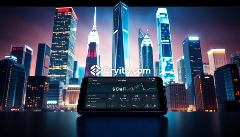 A sleek, modern DeFi cryptocurrency wallet against a vibrant, futuristic cityscape. In the foreground, the wallet's intuitive interface is displayed on a high-resolution touchscreen, showcasing its secure asset management features. The middle ground features the Crypto.com logo, subtly integrated into the design. In the background, a towering skyline of gleaming skyscrapers and holograms illuminates the scene, conveying a sense of technological advancement and financial innovation. The lighting is clean and directional, casting dramatic shadows and highlights that accentuate the wallet's premium aesthetic. The overall mood is one of confidence, trustworthiness, and the convergence of crypto and urban modernity. A sleek, modern DeFi cryptocurrency wallet against a vibrant, futuristic cityscape. In the foreground, the wallet's intuitive interface is displayed on a high-resolution touchscreen, showcasing its secure asset management features. The middle ground features the Crypto.com logo, subtly integrated into the design. In the background, a towering skyline of gleaming skyscrapers and holograms illuminates the scene, conveying a sense of technological advancement and financial innovation. The lighting is clean and directional, casting dramatic shadows and highlights that accentuate the wallet's premium aesthetic. The overall mood is one of confidence, trustworthiness, and the convergence of crypto and urban modernity.