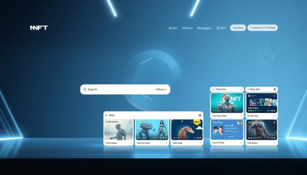 A sleek, modern NFT marketplace platform featuring a clean, minimalist design. The foreground showcases a prominent search bar, intuitive filtering options, and a grid of featured NFT artwork. The middle ground highlights various interactive user interface elements, such as bid/buy buttons, artist profiles, and detailed NFT information panels. The background setting has a serene, futuristic ambiance with subtle geometric patterns, moody lighting, and a hint of digital holographic effects, creating an immersive, high-tech atmosphere. The overall composition conveys a sense of streamlined functionality, user-friendly navigation, and a focus on showcasing the digital art at the heart of the NFT experience. A sleek, modern NFT marketplace platform featuring a clean, minimalist design. The foreground showcases a prominent search bar, intuitive filtering options, and a grid of featured NFT artwork. The middle ground highlights various interactive user interface elements, such as bid/buy buttons, artist profiles, and detailed NFT information panels. The background setting has a serene, futuristic ambiance with subtle geometric patterns, moody lighting, and a hint of digital holographic effects, creating an immersive, high-tech atmosphere. The overall composition conveys a sense of streamlined functionality, user-friendly navigation, and a focus on showcasing the digital art at the heart of the NFT experience.
