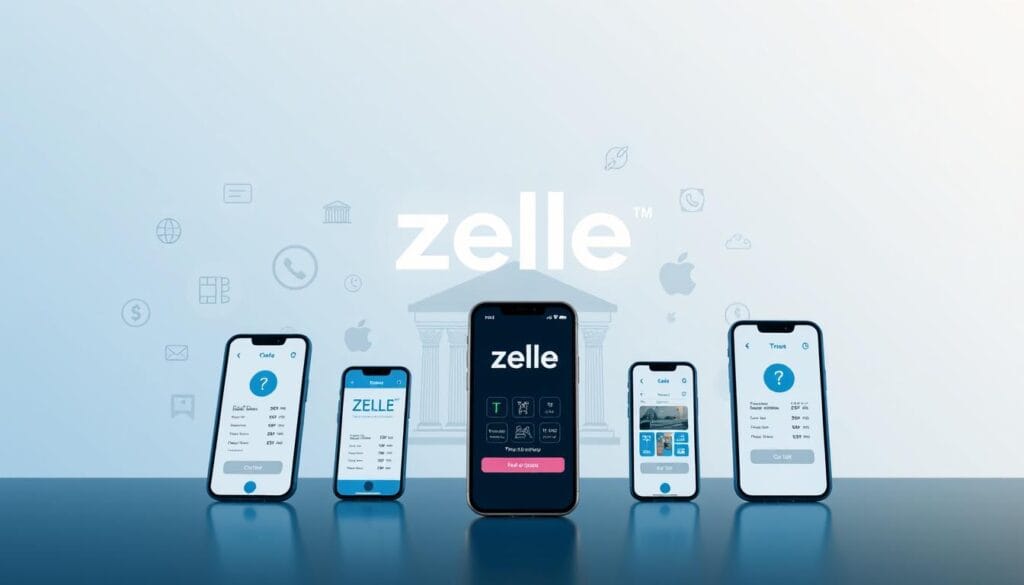 A sleek, modern banking interface with a clean, minimalist design. The main focus is a Zelle logo prominently displayed, surrounded by a dynamic array of banking-related icons and graphics. In the foreground, there are various mobile devices showing seamless Zelle transaction flows, with intuitive gestures and smooth animations. The middle ground features a stylized illustration of bank buildings, conveying the integration and trust of the Zelle platform with traditional financial institutions. The background has a subtle gradient or texture, creating a sense of depth and sophistication. The overall mood is one of efficiency, security, and seamless money transfers, reflecting the key features of the Zelle service. A sleek, modern banking interface with a clean, minimalist design. The main focus is a Zelle logo prominently displayed, surrounded by a dynamic array of banking-related icons and graphics. In the foreground, there are various mobile devices showing seamless Zelle transaction flows, with intuitive gestures and smooth animations. The middle ground features a stylized illustration of bank buildings, conveying the integration and trust of the Zelle platform with traditional financial institutions. The background has a subtle gradient or texture, creating a sense of depth and sophistication. The overall mood is one of efficiency, security, and seamless money transfers, reflecting the key features of the Zelle service.