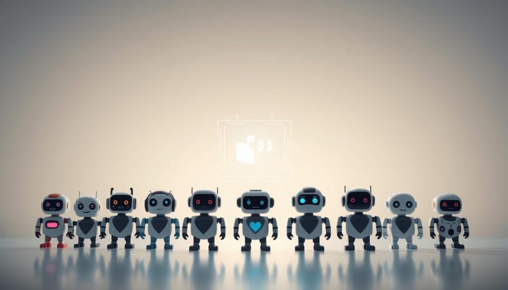 A sleek, modern comparison of top AI chatbot models, set against a clean, minimalist background. In the foreground, several chatbot icons - each with a distinct personality and design - are arranged in a grid-like formation, showcasing their unique capabilities. The middle ground features a subtle, holographic-like interface, hinting at the advanced technology powering these AI assistants. The background is a soft, ethereal gradient, creating a sense of depth and sophistication. Soft, directional lighting illuminates the scene, highlighting the chatbots' features and emphasizing their advanced, cutting-edge nature. The overall impression is one of professionalism, innovation, and a deep exploration of the leading AI chatbot technologies.