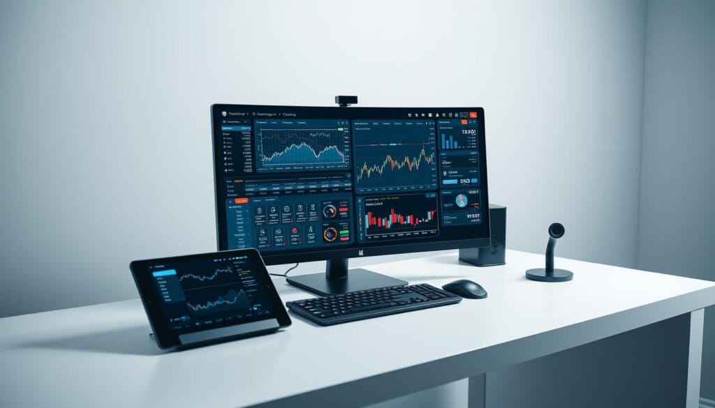 A sleek, modern computer desk with a high-resolution digital display showcasing a comprehensive AI trading platform. The setup includes a keyboard, mouse, and a digital tablet for seamless data analysis and trading execution. The lighting is soft and diffused, creating a professional and focused atmosphere. The background features a minimalist, monochromatic color scheme, allowing the trading interface to take center stage. The camera angle is slightly elevated, capturing the entire setup in a clean, well-composed frame. The overall impression is one of sophistication, efficiency, and the integration of advanced technology for a successful AI-driven trading experience. A sleek, modern computer desk with a high-resolution digital display showcasing a comprehensive AI trading platform. The setup includes a keyboard, mouse, and a digital tablet for seamless data analysis and trading execution. The lighting is soft and diffused, creating a professional and focused atmosphere. The background features a minimalist, monochromatic color scheme, allowing the trading interface to take center stage. The camera angle is slightly elevated, capturing the entire setup in a clean, well-composed frame. The overall impression is one of sophistication, efficiency, and the integration of advanced technology for a successful AI-driven trading experience.