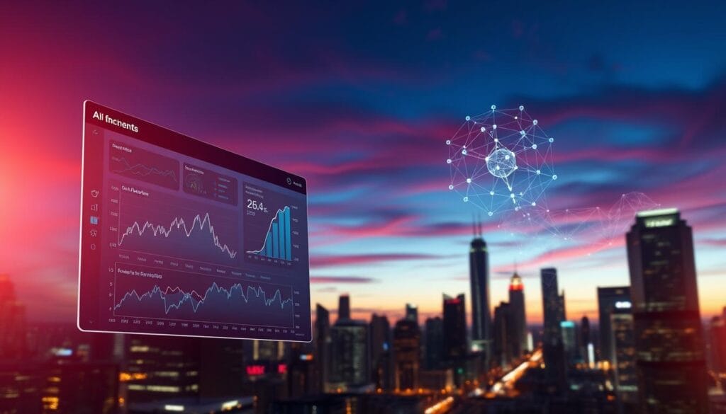 A sleek, modern data analytics dashboard hovers in the foreground, displaying intricate graphs and charts that illuminate financial insights. In the middle ground, an AI algorithm visualized as a complex neural network pulsates with energy, processing vast swaths of data. The background depicts a cityscape at dusk, skyscrapers silhouetted against a vivid, dusky sky, symbolizing the urban, high-tech environment where this AI-powered wealth management takes place. The scene is bathed in a warm, ambient glow, conveying a sense of sophistication and technological prowess. A sleek, modern data analytics dashboard hovers in the foreground, displaying intricate graphs and charts that illuminate financial insights. In the middle ground, an AI algorithm visualized as a complex neural network pulsates with energy, processing vast swaths of data. The background depicts a cityscape at dusk, skyscrapers silhouetted against a vivid, dusky sky, symbolizing the urban, high-tech environment where this AI-powered wealth management takes place. The scene is bathed in a warm, ambient glow, conveying a sense of sophistication and technological prowess.