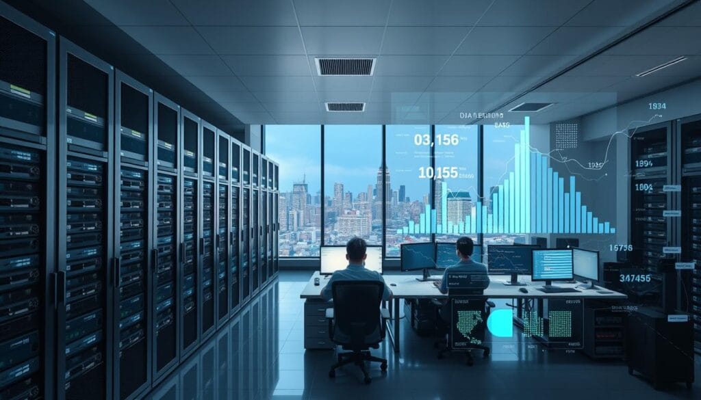 A sleek, modern data center, with rows of servers and storage units arranged in a clean, grid-like layout. The lighting is soft and diffused, creating a serene, professional atmosphere. In the foreground, a holographic interface displays real-time data visualizations, the numbers and graphs flowing effortlessly across the translucent surface. In the middle ground, data analysts work intently at their workstations, their faces illuminated by the glow of multiple high-resolution monitors. The background features a panoramic window, offering a view of a bustling city skyline, symbolizing the scale and importance of the data processing and management operations taking place. A sleek, modern data center, with rows of servers and storage units arranged in a clean, grid-like layout. The lighting is soft and diffused, creating a serene, professional atmosphere. In the foreground, a holographic interface displays real-time data visualizations, the numbers and graphs flowing effortlessly across the translucent surface. In the middle ground, data analysts work intently at their workstations, their faces illuminated by the glow of multiple high-resolution monitors. The background features a panoramic window, offering a view of a bustling city skyline, symbolizing the scale and importance of the data processing and management operations taking place.