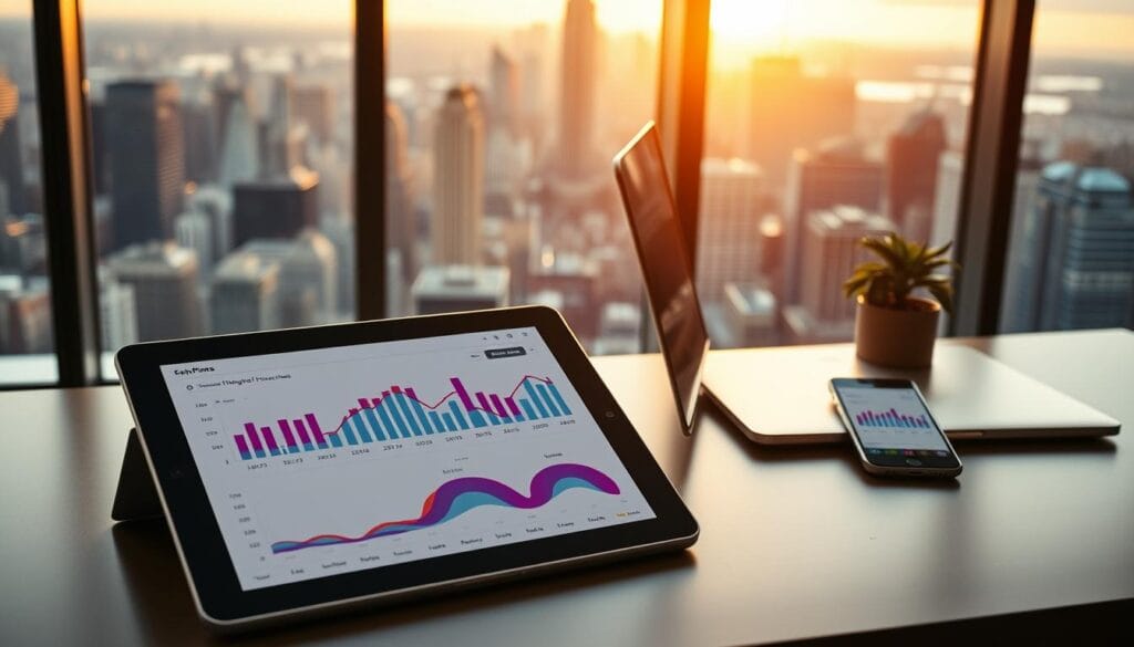 A sleek, modern desktop scene showcasing a variety of intuitive personal finance management tools. In the foreground, an elegant tablet device displays vibrant graphs, charts, and budgeting apps. On the desk, a minimalist laptop and smartphone seamlessly integrate with the tablet, creating a cohesive, high-tech setup. The background features a large, panoramic window overlooking a bustling city skyline, bathed in warm, natural lighting. The overall atmosphere is one of productivity, organization, and a sense of financial control and empowerment. A sleek, modern desktop scene showcasing a variety of intuitive personal finance management tools. In the foreground, an elegant tablet device displays vibrant graphs, charts, and budgeting apps. On the desk, a minimalist laptop and smartphone seamlessly integrate with the tablet, creating a cohesive, high-tech setup. The background features a large, panoramic window overlooking a bustling city skyline, bathed in warm, natural lighting. The overall atmosphere is one of productivity, organization, and a sense of financial control and empowerment.