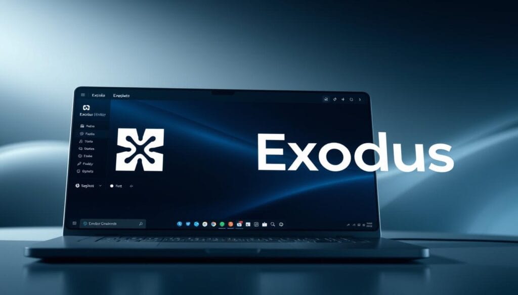 A sleek, modern desktop wallet interface with the Exodus logo prominently displayed. The wallet is rendered in a highly detailed, photorealistic style under soft, diffused lighting, giving it a professional and trustworthy appearance. The interface features clean lines, intuitive controls, and a minimalist design that showcases the wallet's key features. The background is a subtle, elegant gradient that complements the wallet's branding. The overall composition conveys a sense of security, reliability, and user-friendliness, making it an ideal illustration for the "Exodus: Best for Desktop" section of the article. A sleek, modern desktop wallet interface with the Exodus logo prominently displayed. The wallet is rendered in a highly detailed, photorealistic style under soft, diffused lighting, giving it a professional and trustworthy appearance. The interface features clean lines, intuitive controls, and a minimalist design that showcases the wallet's key features. The background is a subtle, elegant gradient that complements the wallet's branding. The overall composition conveys a sense of security, reliability, and user-friendliness, making it an ideal illustration for the "Exodus: Best for Desktop" section of the article.
