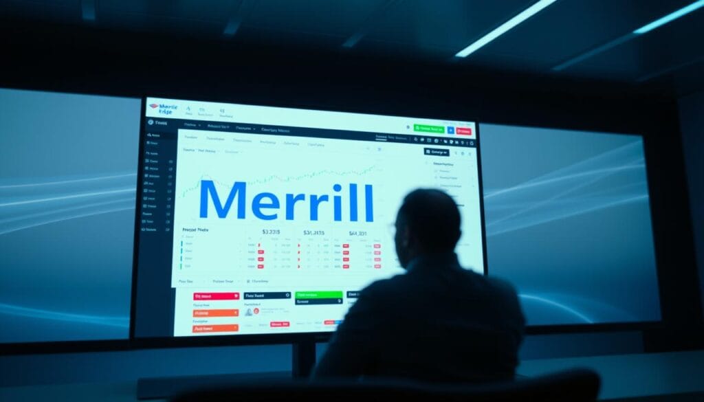 A sleek, modern digital trading platform interface, showcasing the Merrill Edge logo and branding. The foreground features a clean, intuitive dashboard with customizable widgets, real-time market data, and easy-to-navigate menus. The middle ground depicts a seamless integration with Bank of America accounts, allowing for a smooth, efficient user experience. The background subtly hints at the sophisticated algorithms and technology powering the platform, with subtle lines and gradients evoking a sense of advanced financial tools. The overall atmosphere is one of professionalism, reliability, and a tailored solution for Bank of America customers seeking a comprehensive, all-in-one trading experience.