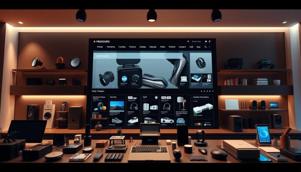 A sleek, modern e-commerce website showcasing an array of digital and physical products. In the foreground, an elegant product display with various gadgets, electronics, and lifestyle items arranged in a visually appealing layout. The middle ground features a minimalist user interface with clean navigation menus and intuitive controls. The background has a warm, soft-focus ambiance, suggesting a high-end, professional atmosphere. Subtle lighting from above casts a gentle glow, highlighting the product details and creating depth and dimension. The overall tone is one of sophistication, attention to design, and a seamless online shopping experience. A sleek, modern e-commerce website showcasing an array of digital and physical products. In the foreground, an elegant product display with various gadgets, electronics, and lifestyle items arranged in a visually appealing layout. The middle ground features a minimalist user interface with clean navigation menus and intuitive controls. The background has a warm, soft-focus ambiance, suggesting a high-end, professional atmosphere. Subtle lighting from above casts a gentle glow, highlighting the product details and creating depth and dimension. The overall tone is one of sophistication, attention to design, and a seamless online shopping experience.